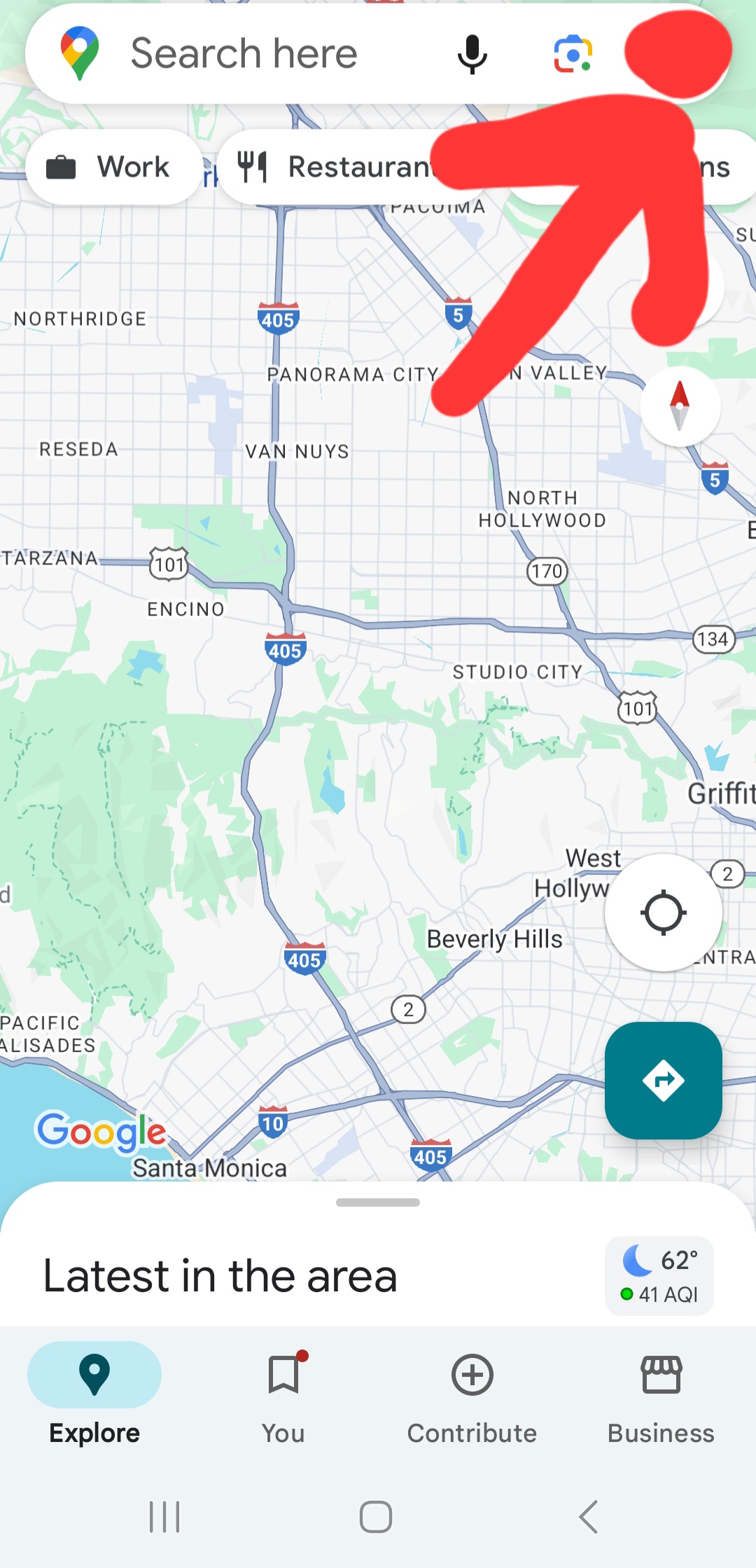 Google Maps app with the profile picture at the top right circled in red.