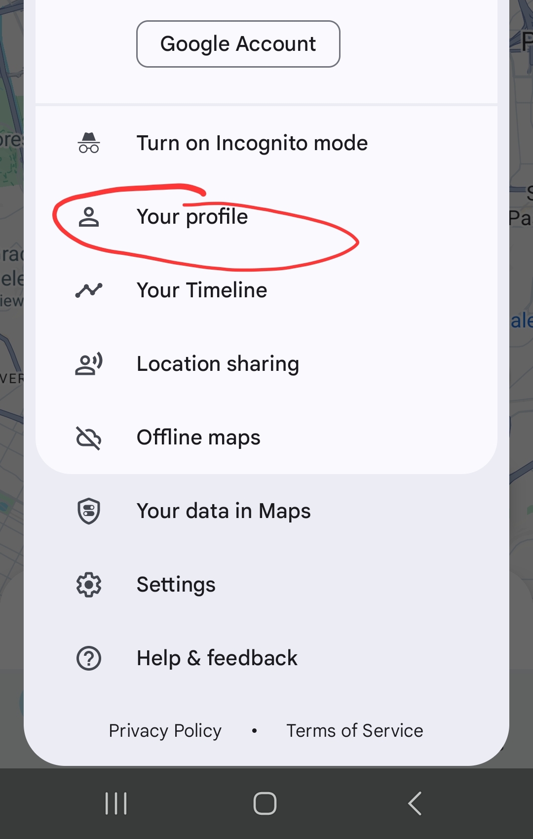 Google Maps menu with the "Your profile" row circled in red.