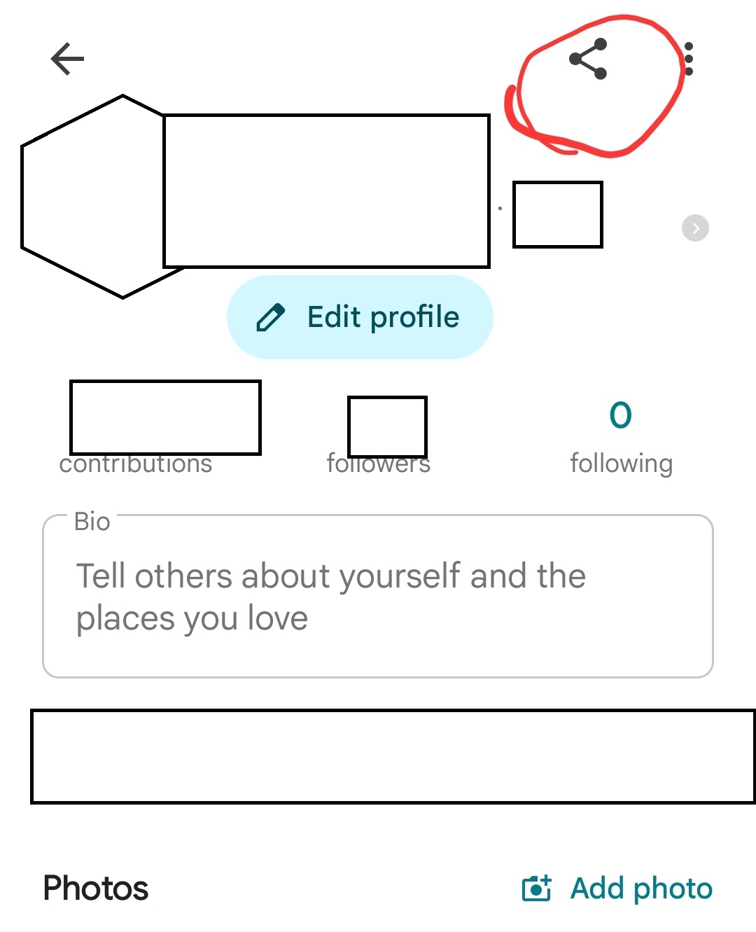 Google Maps profile page with the share icon at the top right circled in red.