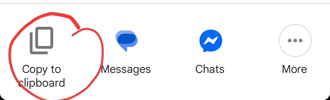 Android share sheet with "Copy to clipboard" circled in red.